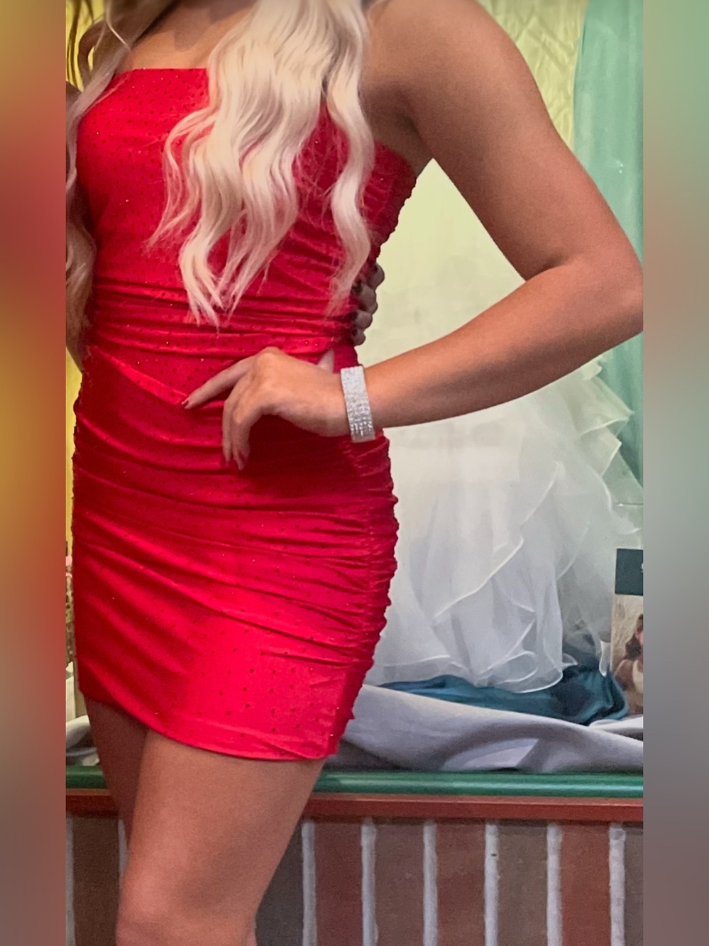 EUC Sherri Hill size 4 red sequined strapless cocktail homecoming dress body con